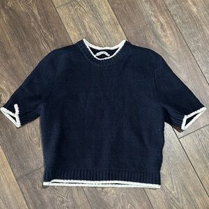 Abercrombie & Fitch Navy Short-Sleeve Crew Sweater with White Trim XS oversized